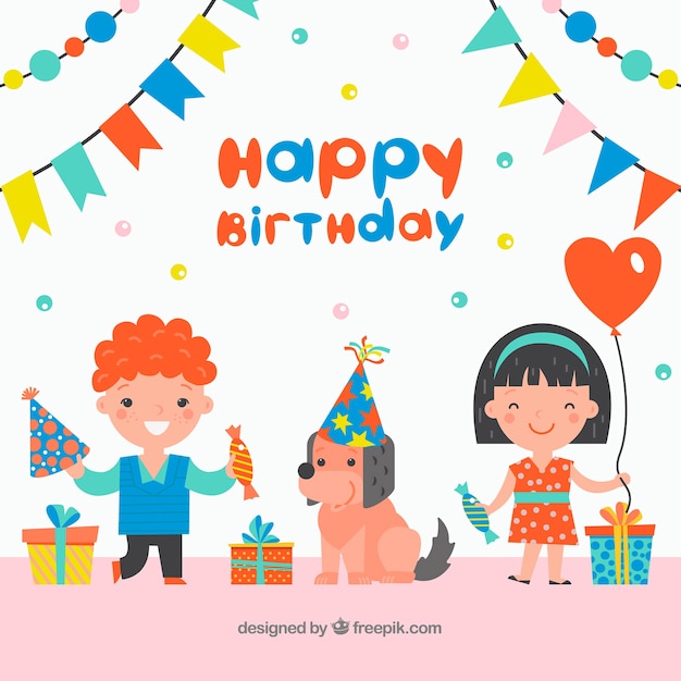 Birthday background with kids and dog