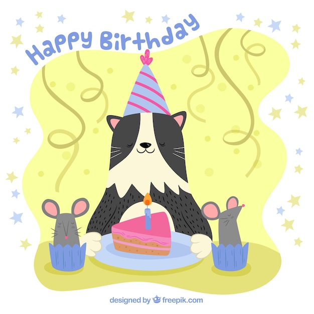 Free vector birthday background with kitten and mice