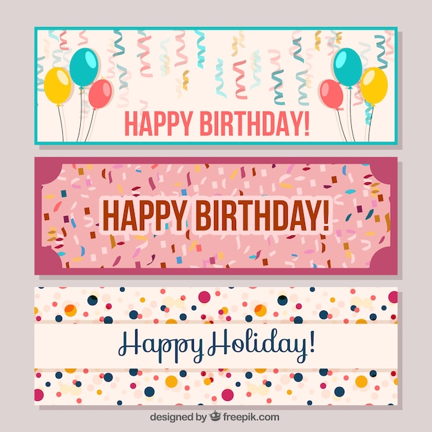Бесплатное векторное изображение День рождения баннеры и воздушные шары с конфетти