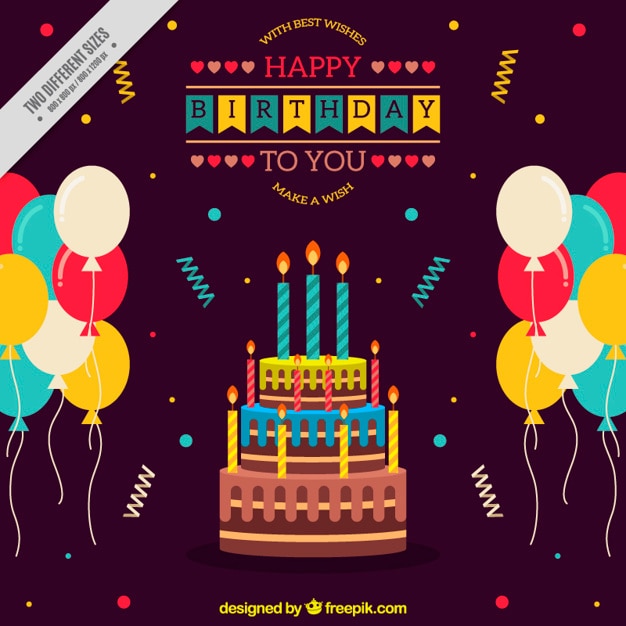 Vettore gratuito sfondo torta di compleanno e palloncini colorati