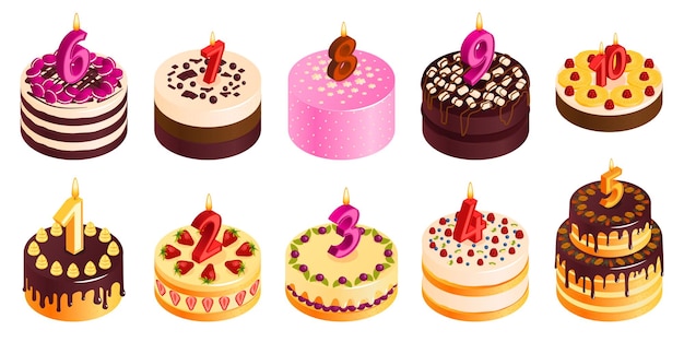 免费矢量生日蛋糕组成与孤立的形象甜奶油蛋糕周年配料和数字形状的蜡烛等距矢量插图