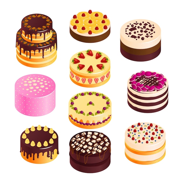 Набор иконок торт ко дню рождения с шоколадом и фруктовыми пирогами изометрии изолированы