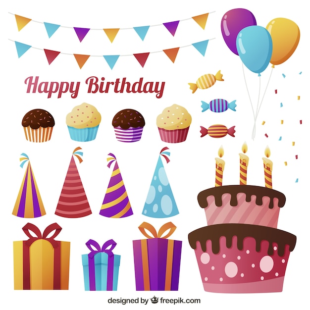 Free vector birthday cake set with elements