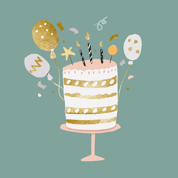 birthday cake sticker, cute gold and pastel vector