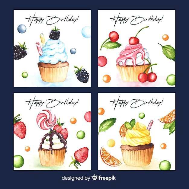 Free vector birthday card collection in watercolor style