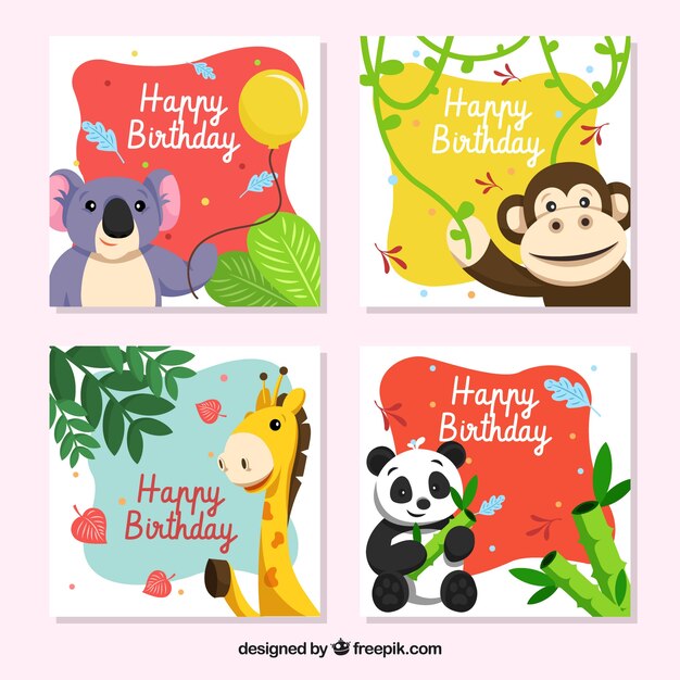 動物と子供の誕生日カードテンプレート 無料のベクター