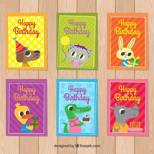 Free vector birthday card pack with cute animals