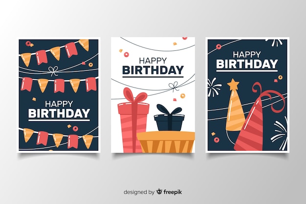 Pacchetto di carte di compleanno con decorazioni in design piatto
