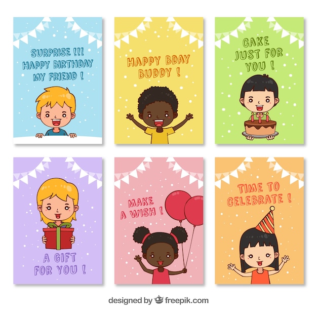 Free vector birthday card pack with hand drawn children