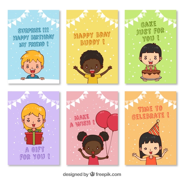 Birthday card pack with hand drawn children