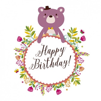 Scheda di compleanno con l'orso e fiori