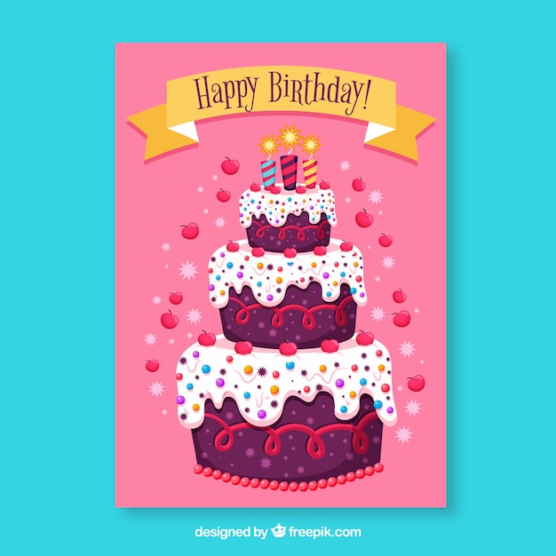 Birthday card with cake in hand drawn style