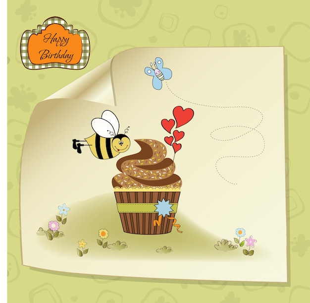 Birthday card with cupcake and funny bee