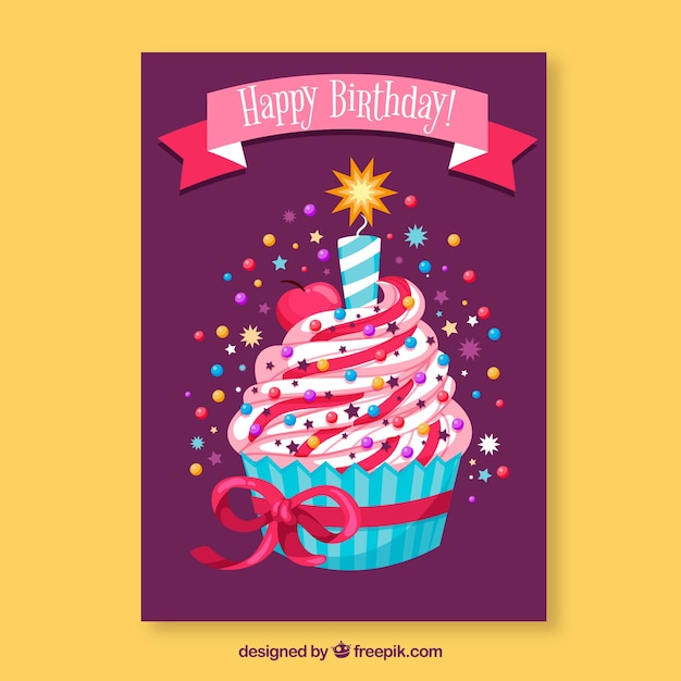 Vettore gratuito scheda di compleanno con stile disegnato di cupcake in mano