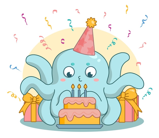 Birthday card with cute little cartoon octopus and cake. character blows out the candles Premium Vector