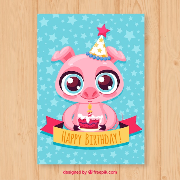 Free vector birthday card with cute pork in hand drawn style