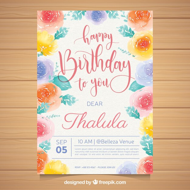 Free vector birthday card with flowers in watercolor style