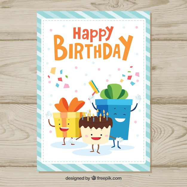 Free vector birthday card with gifts box and cake in hand drawn style