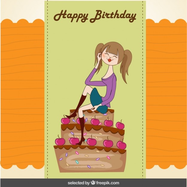 Free vector birthday card with a girl sitting on cake