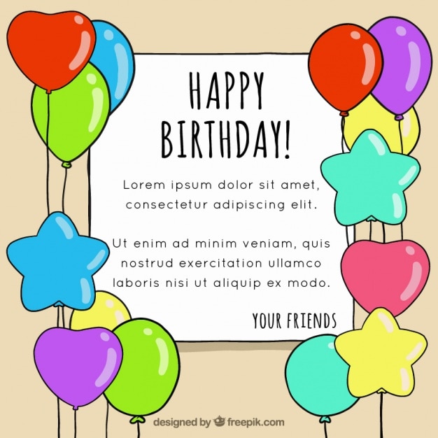 Free vector birthday card with hand drawn colorful balloons