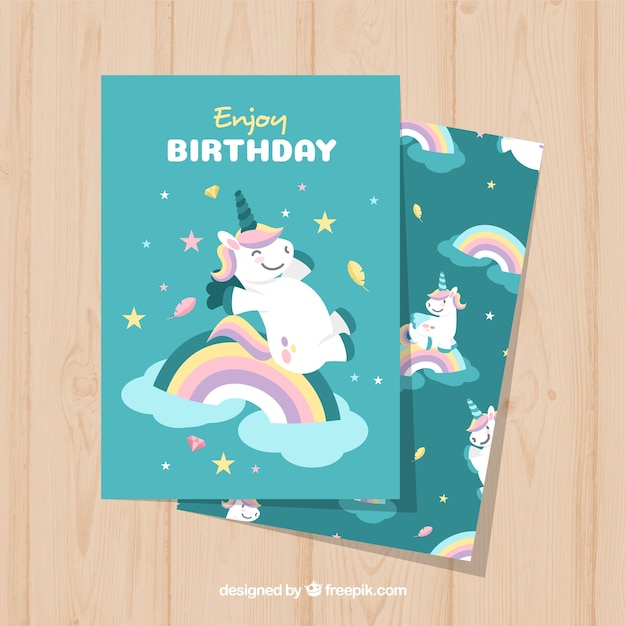 Free vector birthday card with happy unicorn