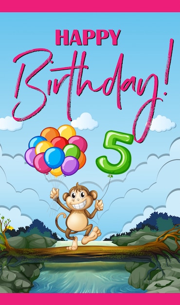 Vettore gratuito scheda di compleanno con scimmia e palloncini