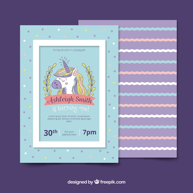 Free vector birthday card with pretty hand drawn unicorn