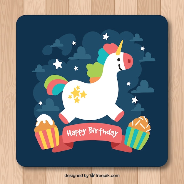 Free vector birthday card with pretty unicorn and cupcakes