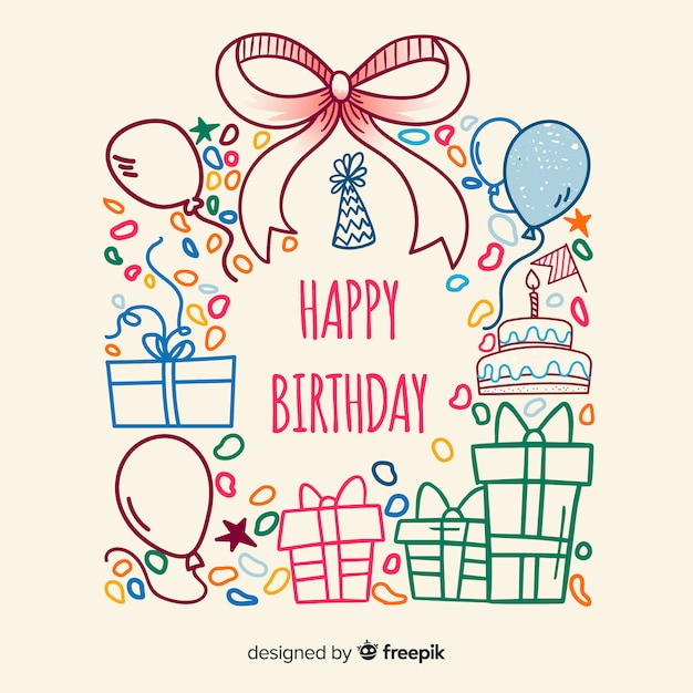 Free vector birthday card with sketched presents and balloons