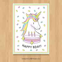 Free vector birthday card with unicorn and cake