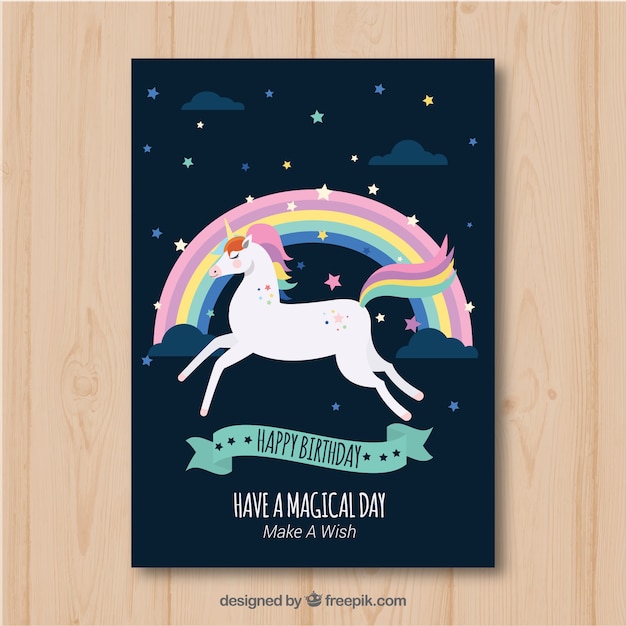 Scheda di compleanno con unicorno e arcobaleno