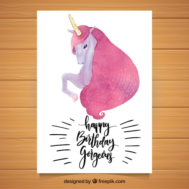 Free vector birthday card with watercolor unicorn