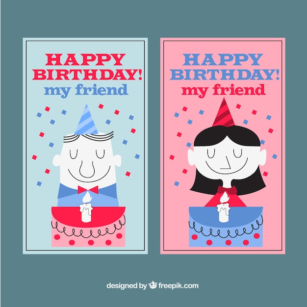 Birthday cards in blue and red tones