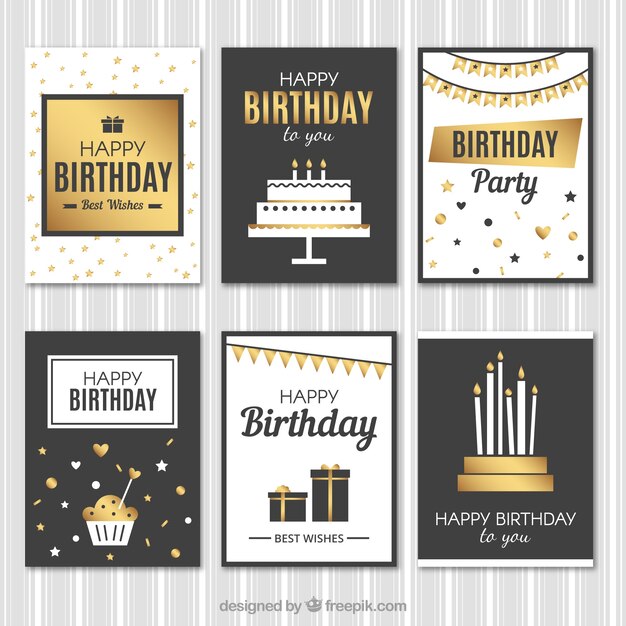 Free vector birthday cards set with golden details