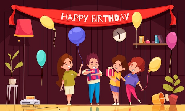 Free vector birthday celebration party with children giving presents cartoon vector illustration