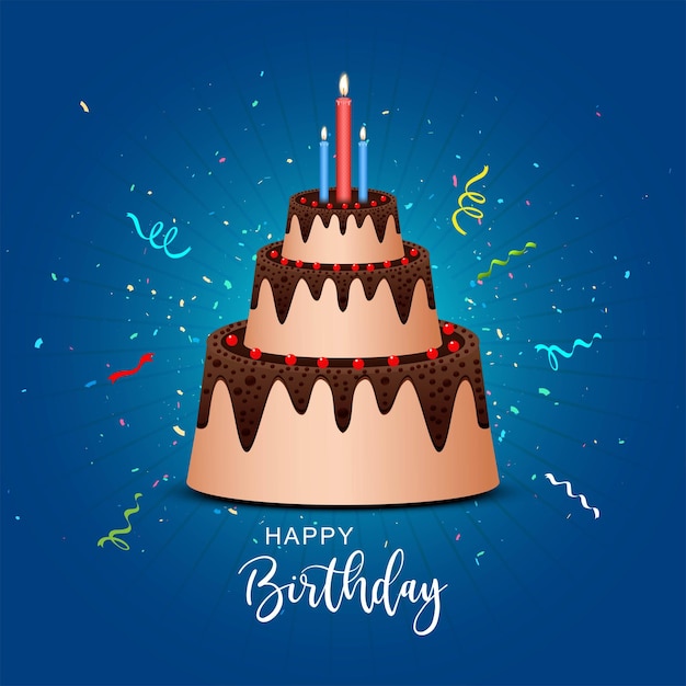 Torta di compleanno al cioccolato con chary rosso e tre candele su sfondo di coriandoli
