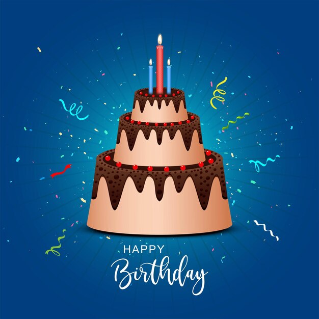 Birthday chocolate cake with red chary and three candles on confetti background