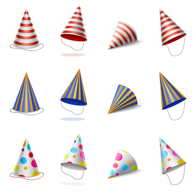 Free vector birthday colorful caps with stripes and polka dots pattern