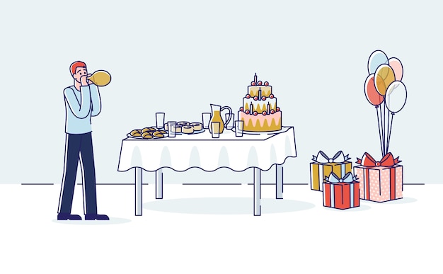Premium Vector Man Decorating Room For Birthday Celebration Hanging Holiday Garland Above Table With Cake Premium Vector Man Decorating Room For Birthday Celebration Hanging Holiday Garland Above Table With Cake