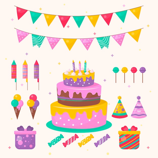 Free vector birthday decoration with cake and sweets