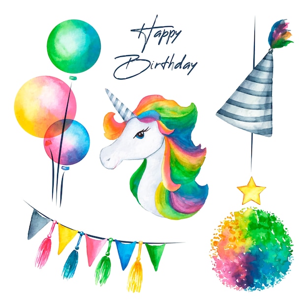 Vettore gratuito decorazione di compleanno con unicorno colorato