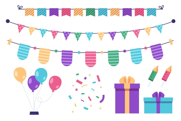 Vettore gratuito decorazione di compleanno con regali e palloncini