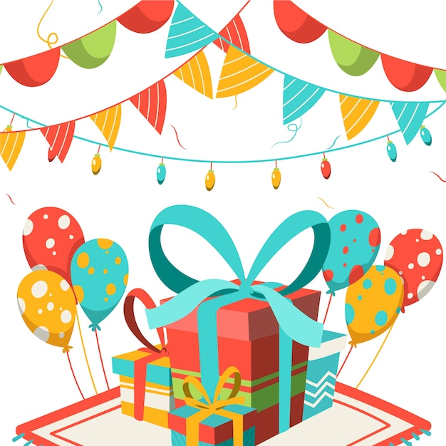 Free vector birthday decoration with presents and balloons