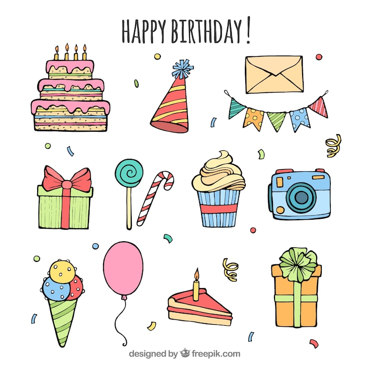Free Vector birthday element collection with hand drawn style