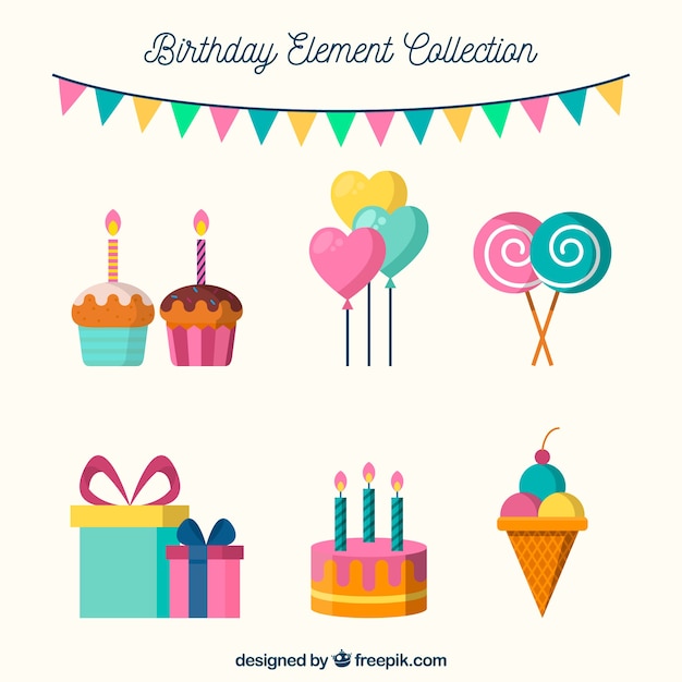 Free vector birthday elements collection in flat style