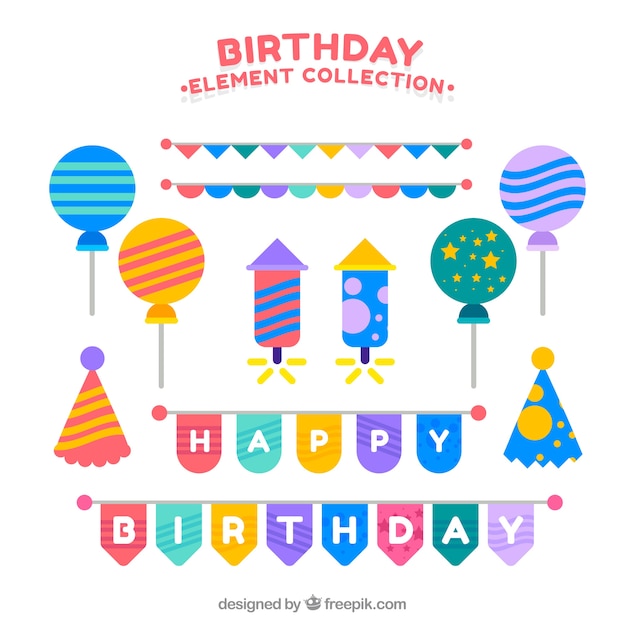 평면 스타일의 생일 요소 컬렉션