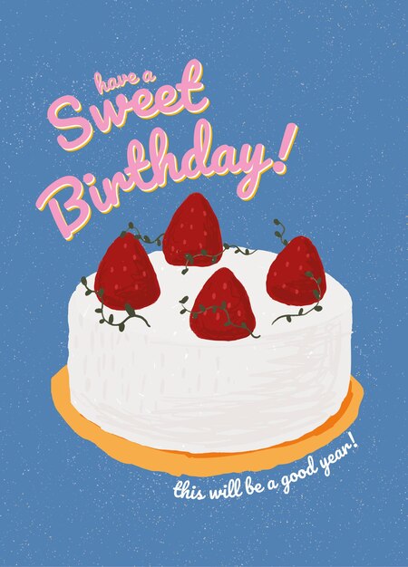 かわいいケーキのイラストと誕生日グリーティングカードテンプレート