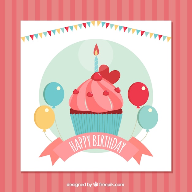 Birthday greeting card with balloons and cupcake