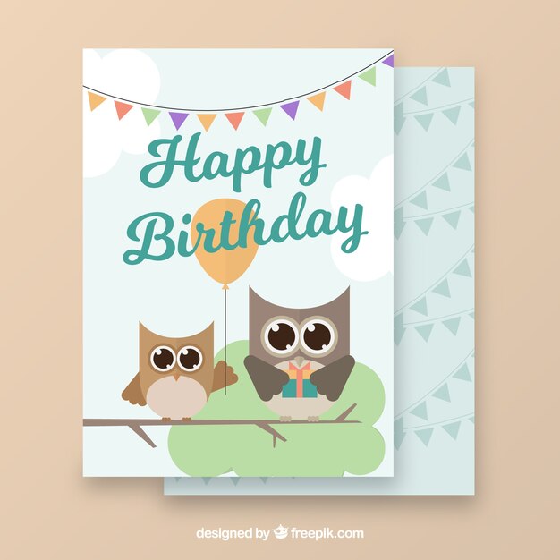 День рождения открытки с плоскими совами и гирляндой