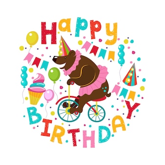 Birthday greeting illustration.circus bear riding a bicycle